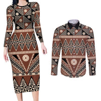 Vintage Bula Fiji Couples Matching Long Sleeve Bodycon Dress and Long Sleeve Button Shirt Brown Tapa Masi Motif