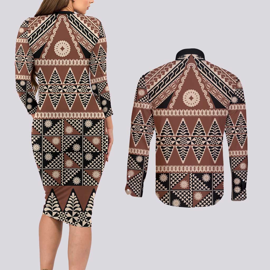Vintage Bula Fiji Couples Matching Long Sleeve Bodycon Dress and Long Sleeve Button Shirt Brown Tapa Masi Motif