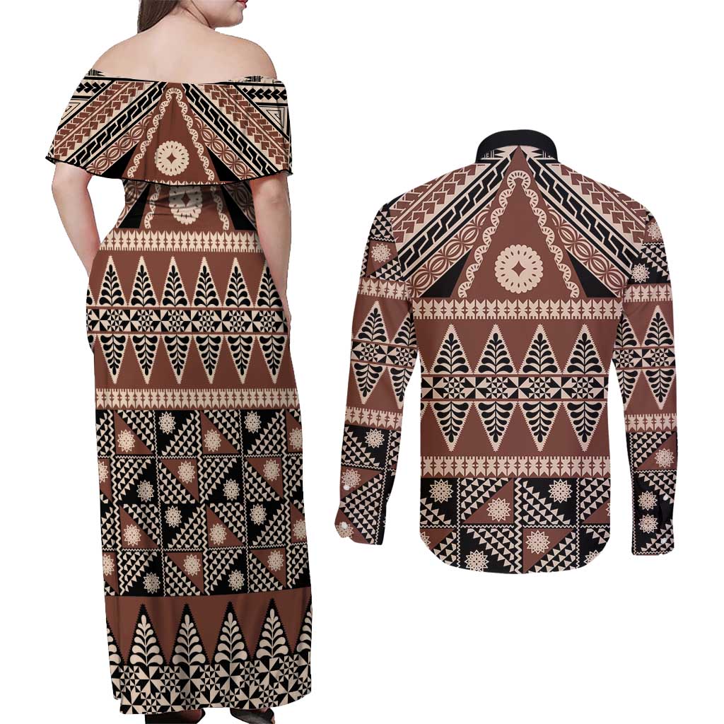 Vintage Bula Fiji Couples Matching Off Shoulder Maxi Dress and Long Sleeve Button Shirt Brown Tapa Masi Motif