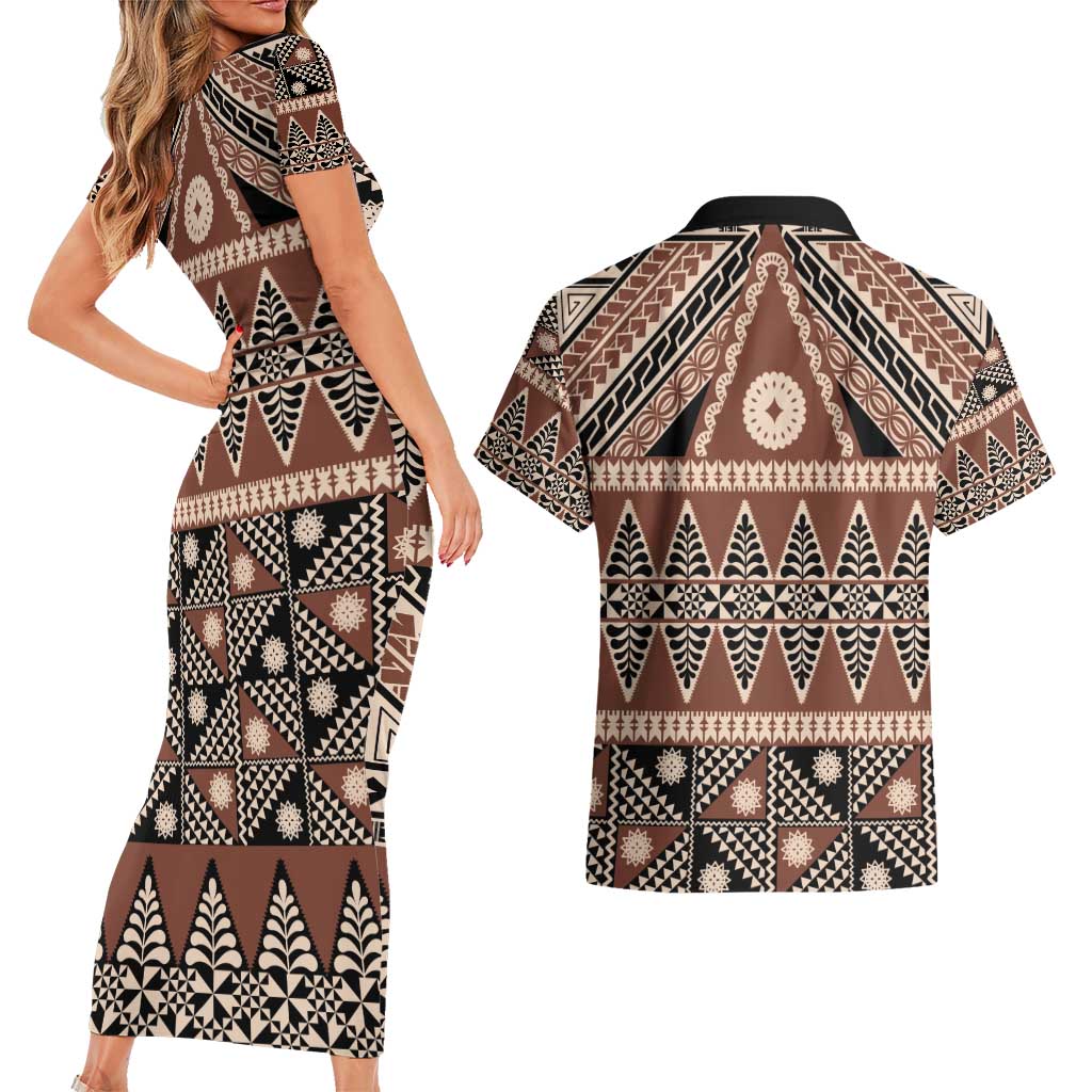 Vintage Bula Fiji Couples Matching Short Sleeve Bodycon Dress and Hawaiian Shirt Brown Tapa Masi Motif