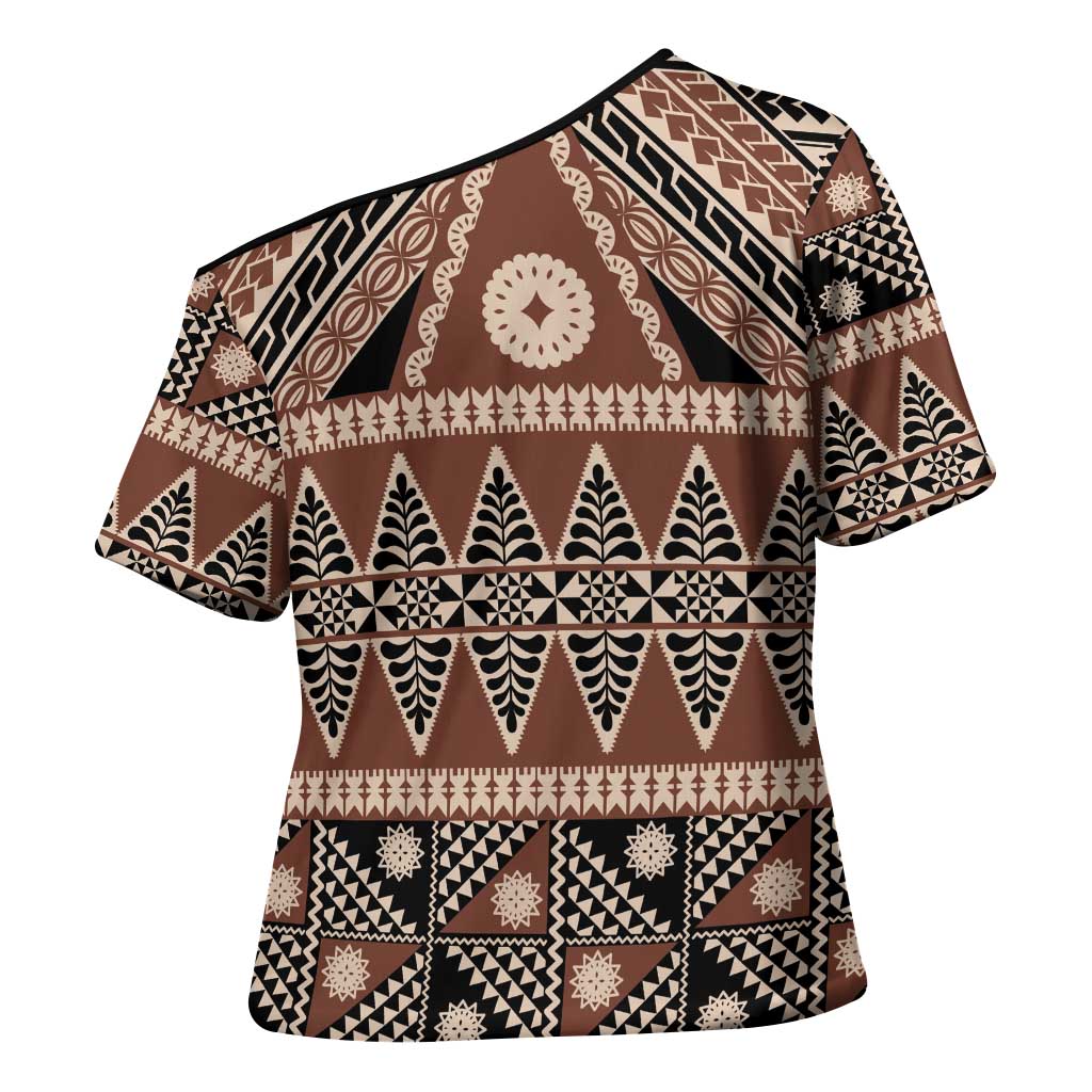 Vintage Bula Fiji Cross Shoulder Shirt Brown Tapa Masi Motif LT9 - Polynesian Pride