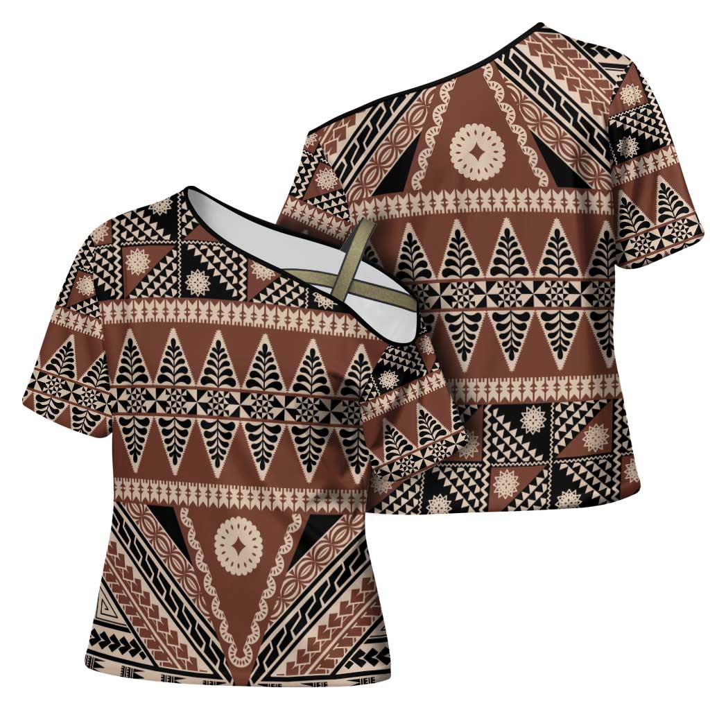 Vintage Bula Fiji Cross Shoulder Shirt Brown Tapa Masi Motif LT9 - Polynesian Pride