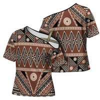 Vintage Bula Fiji Cross Shoulder Shirt Brown Tapa Masi Motif LT9 - Polynesian Pride