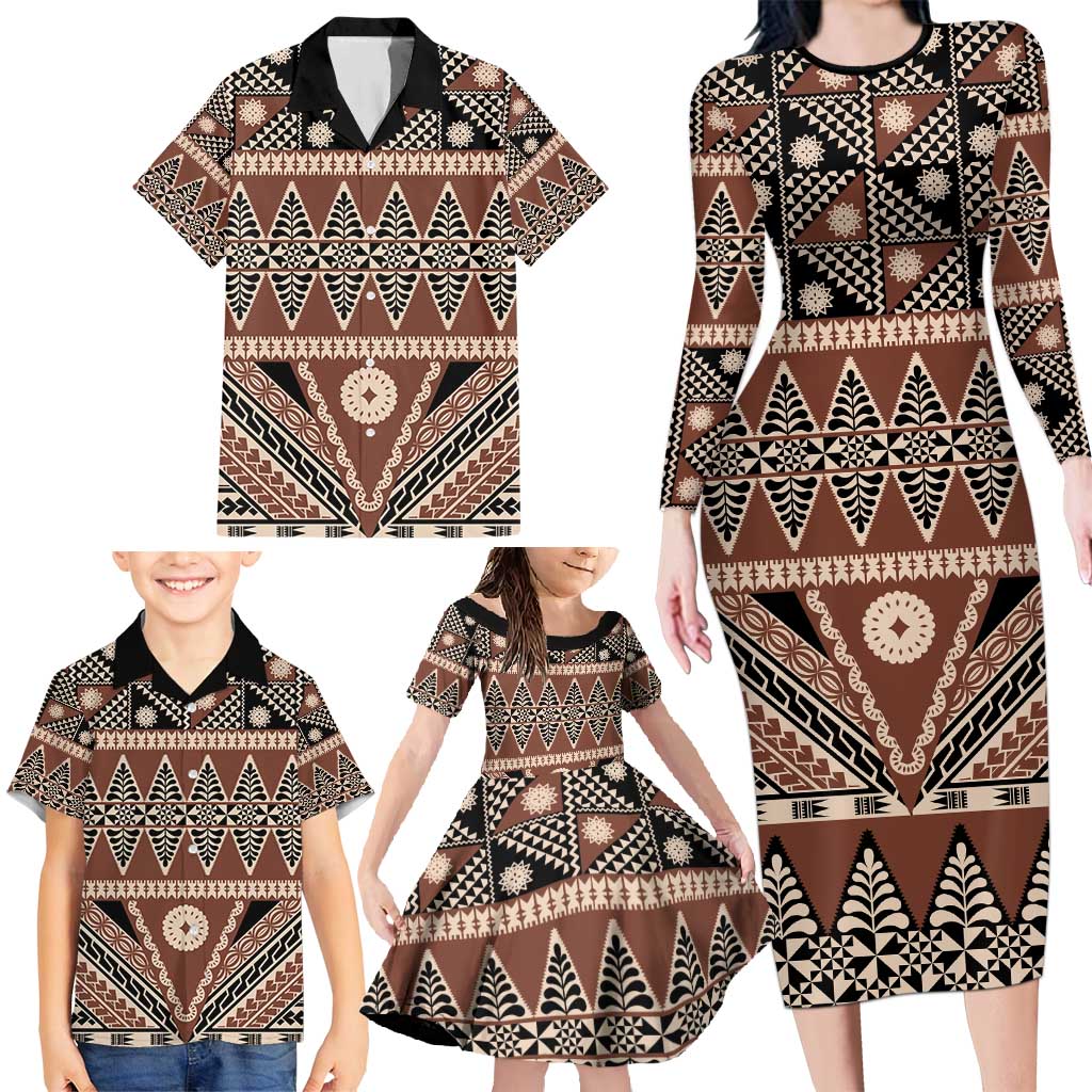 Vintage Bula Fiji Family Matching Long Sleeve Bodycon Dress and Hawaiian Shirt Brown Tapa Masi Motif