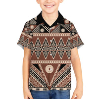 Vintage Bula Fiji Family Matching Off The Shoulder Long Sleeve Dress and Hawaiian Shirt Brown Tapa Masi Motif