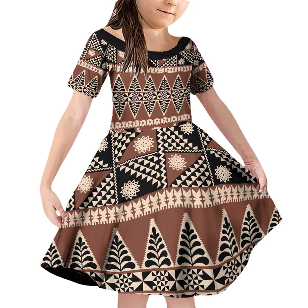 Vintage Bula Fiji Family Matching Off Shoulder Short Dress and Hawaiian Shirt Brown Tapa Masi Motif