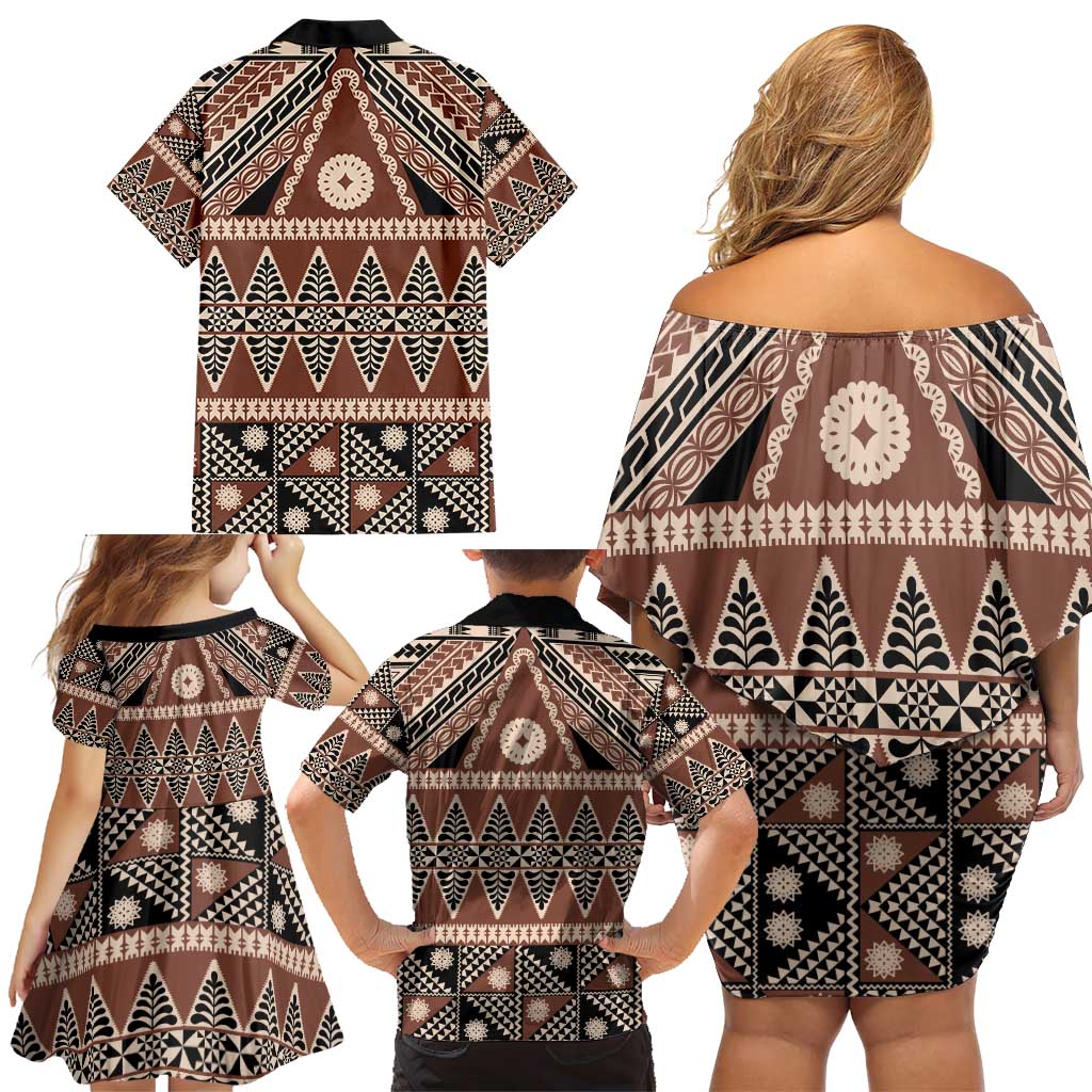 Vintage Bula Fiji Family Matching Off Shoulder Short Dress and Hawaiian Shirt Brown Tapa Masi Motif