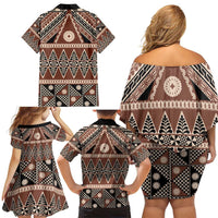 Vintage Bula Fiji Family Matching Off Shoulder Short Dress and Hawaiian Shirt Brown Tapa Masi Motif