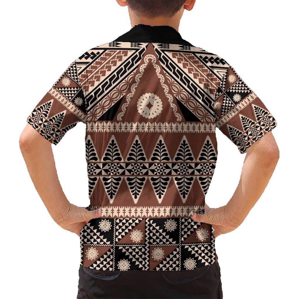 Vintage Bula Fiji Family Matching Puletasi and Hawaiian Shirt Brown Tapa Masi Motif