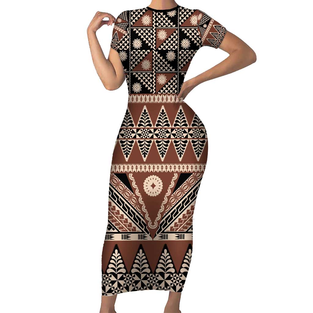 Vintage Bula Fiji Family Matching Short Sleeve Bodycon Dress and Hawaiian Shirt Brown Tapa Masi Motif