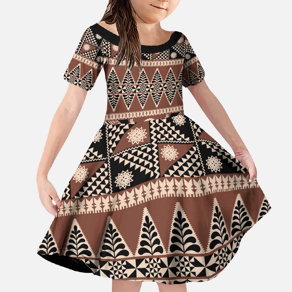 Vintage Bula Fiji Family Matching Tank Maxi Dress and Hawaiian Shirt Brown Tapa Masi Motif