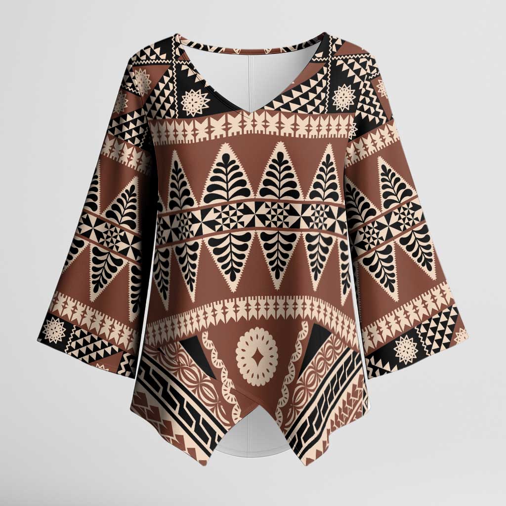 Vintage Bula Fiji Kimono Sleeve Blouse Brown Tapa Masi Motif - Polynesian Pride