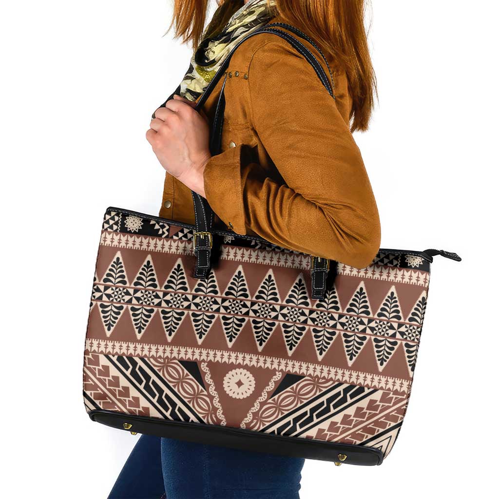 Vintage Bula Fiji Leather Tote Bag Brown Tapa Masi Motif