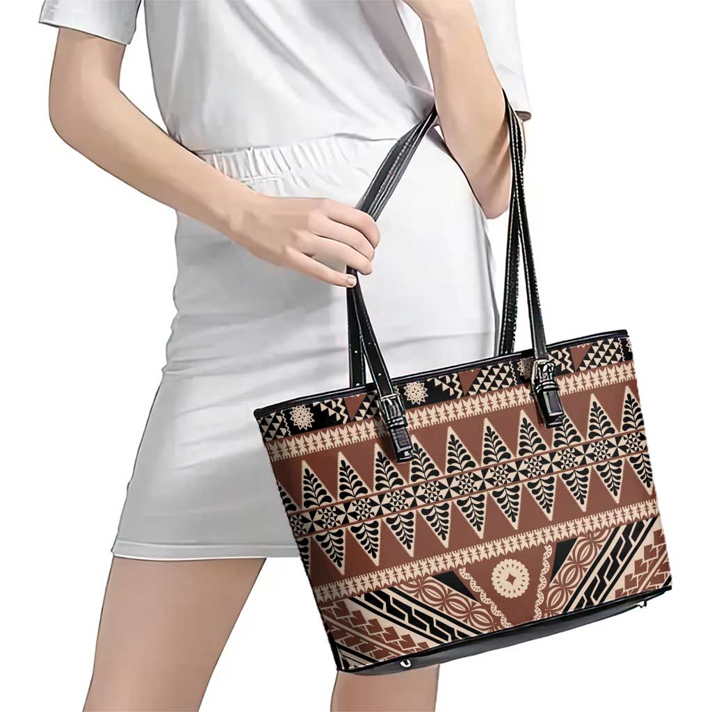 Vintage Bula Fiji Leather Tote Bag Brown Tapa Masi Motif
