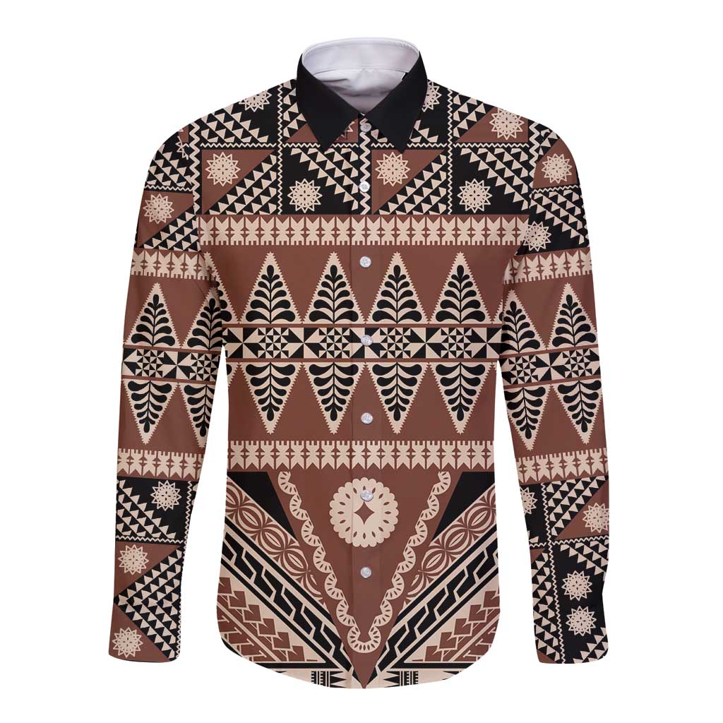 Vintage Bula Fiji Long Sleeve Button Shirt Brown Tapa Masi Motif