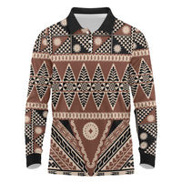 Vintage Bula Fiji Long Sleeve Polo Shirt Brown Tapa Masi Motif