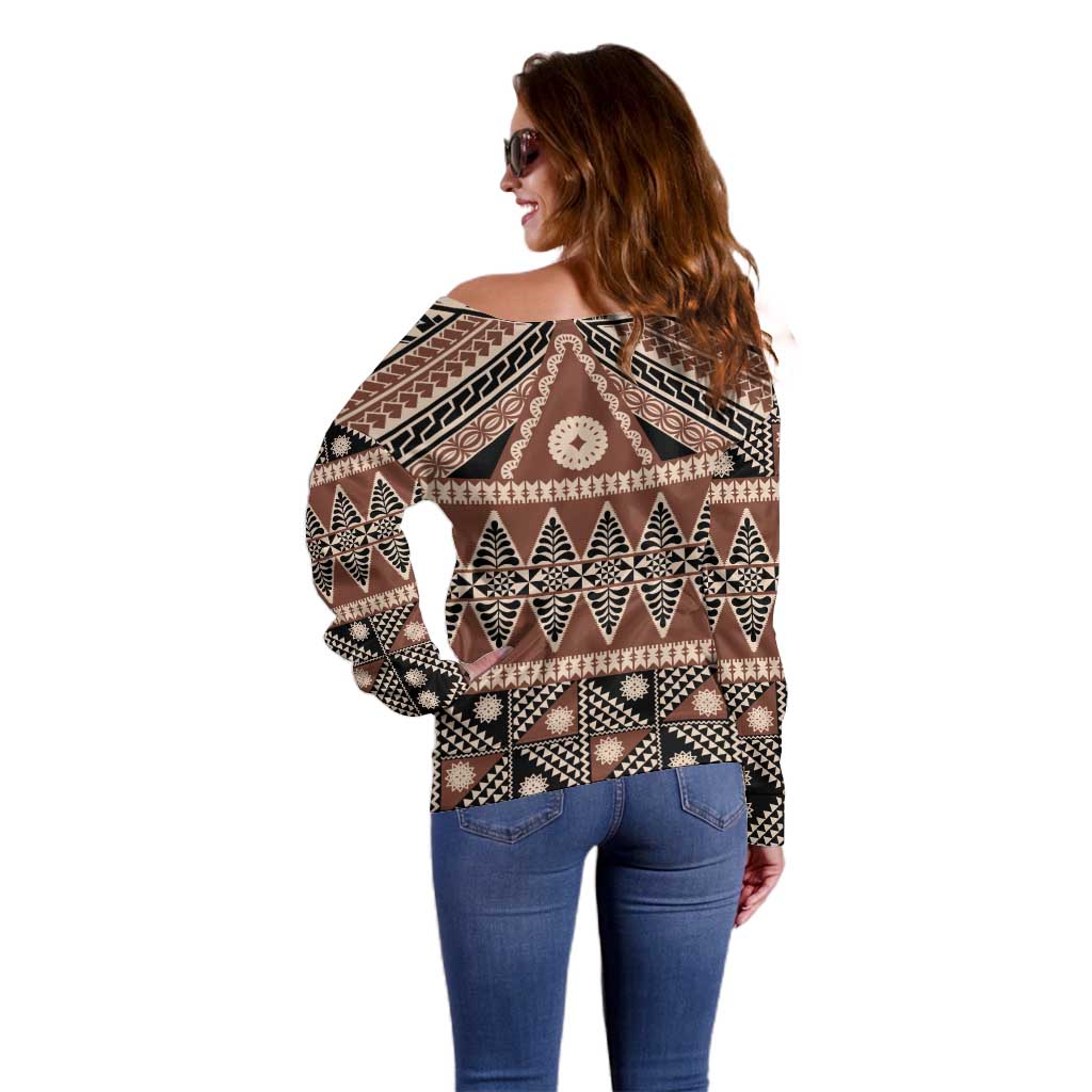 Vintage Bula Fiji Off Shoulder Sweater Brown Tapa Masi Motif