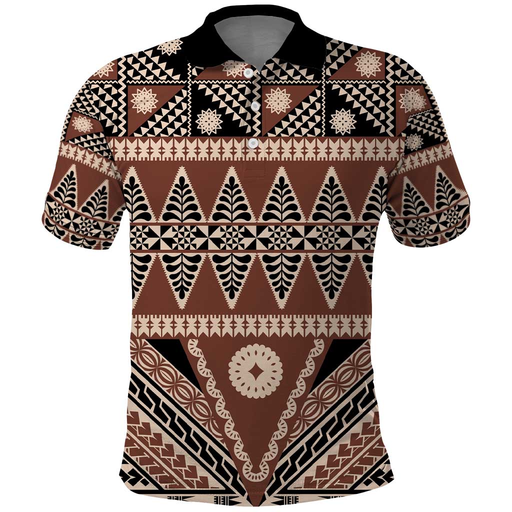 Vintage Bula Fiji Polo Shirt Brown Tapa Masi Motif