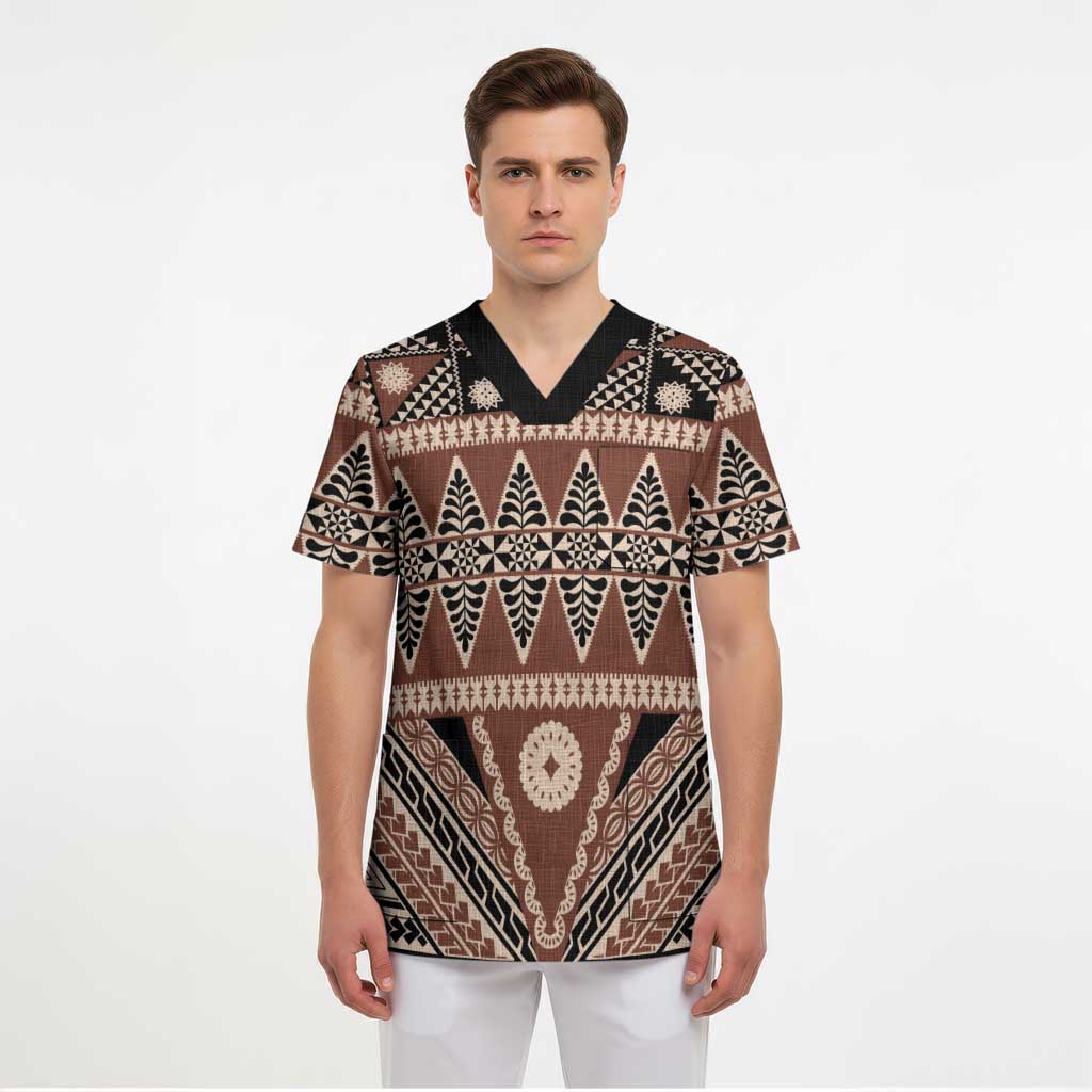 Vintage Bula Fiji Scrub Top Brown Tapa Masi Motif - Polynesian Pride