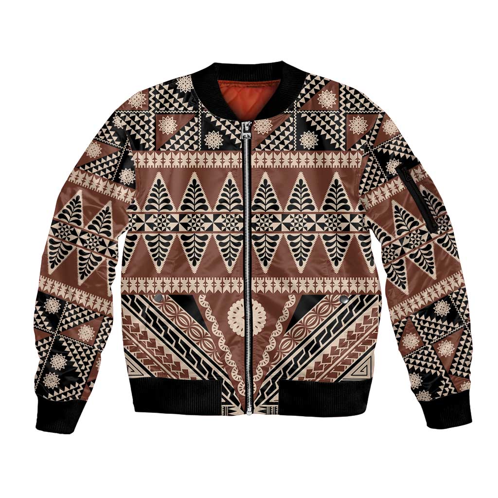Vintage Bula Fiji Sleeve Zip Bomber Jacket Brown Tapa Masi Motif LT9 Unisex Brown - Polynesian Pride