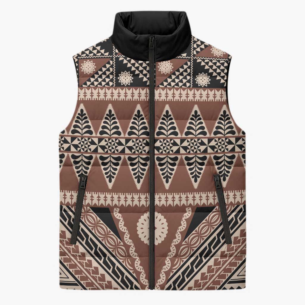 Vintage Bula Fiji Sleeveless Puffer Jacket Brown Tapa Masi Motif LT9 Unisex Brown - Polynesian Pride
