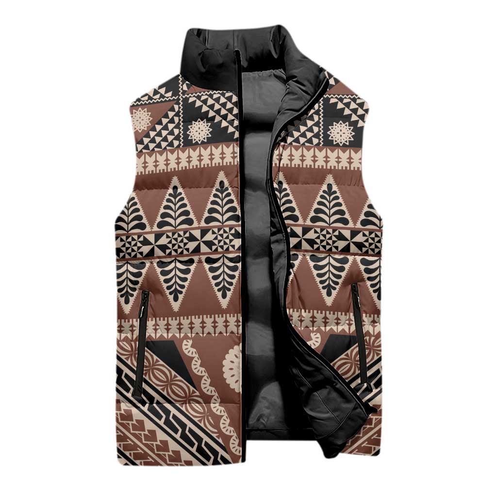 Vintage Bula Fiji Sleeveless Puffer Jacket Brown Tapa Masi Motif LT9 - Polynesian Pride