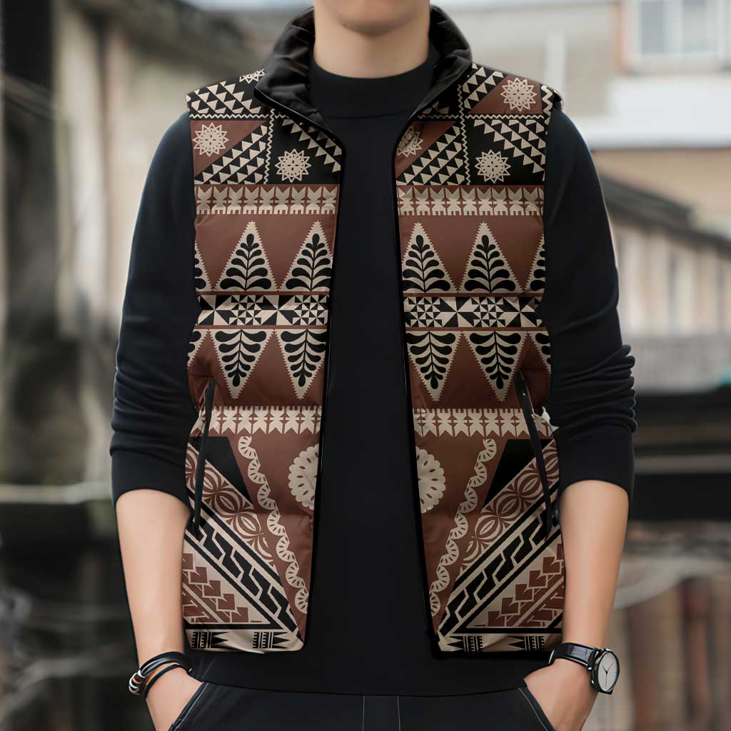 Vintage Bula Fiji Sleeveless Puffer Jacket Brown Tapa Masi Motif LT9 - Polynesian Pride