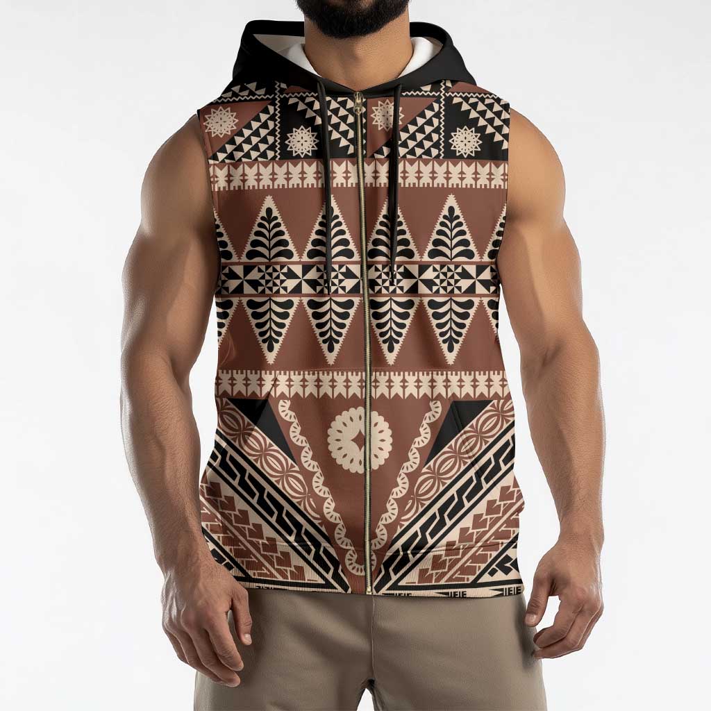Vintage Bula Fiji Sleeveless Zip Hoodie Brown Tapa Masi Motif - Polynesian Pride