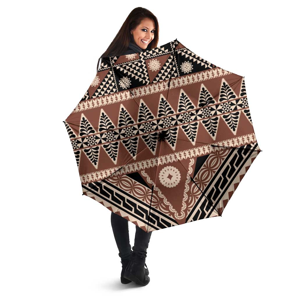 Vintage Bula Fiji Umbrella Brown Tapa Masi Motif - Polynesian Pride
