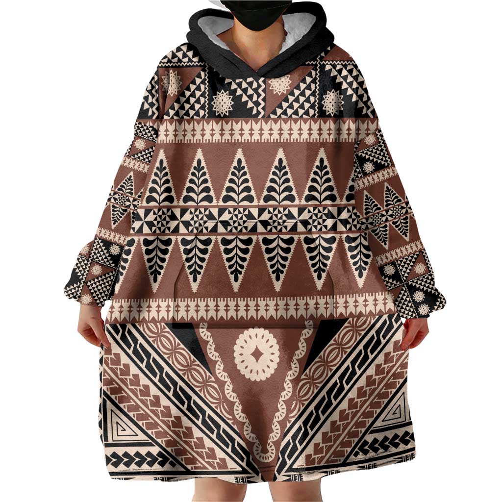 Vintage Bula Fiji Wearable Blanket Hoodie Brown Tapa Masi Motif