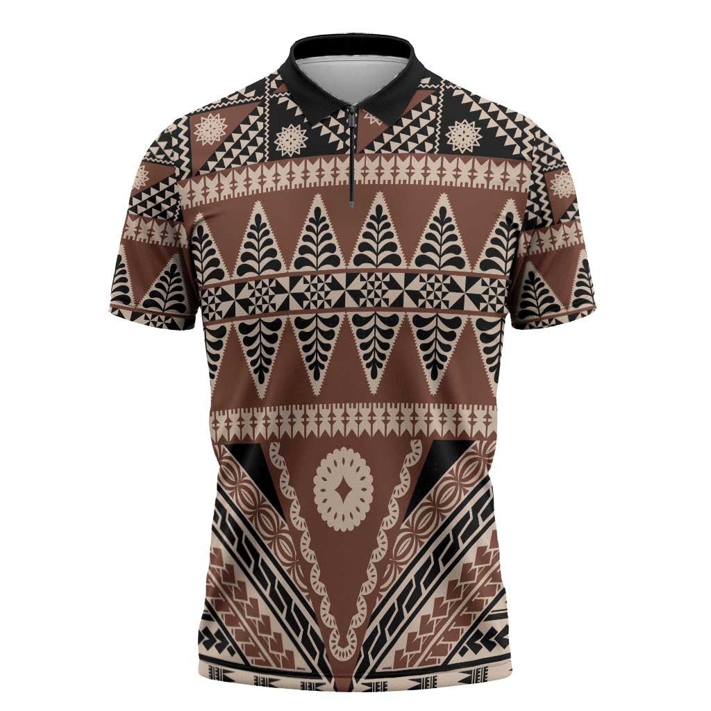 Vintage Bula Fiji Zipper Polo Shirt Brown Tapa Masi Motif LT9 Brown - Polynesian Pride