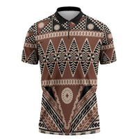 Vintage Bula Fiji Zipper Polo Shirt Brown Tapa Masi Motif LT9 Brown - Polynesian Pride