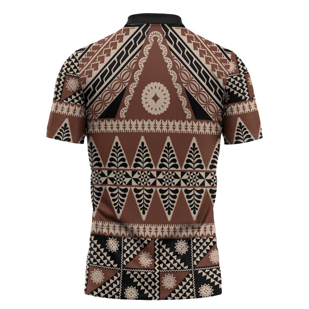 Vintage Bula Fiji Zipper Polo Shirt Brown Tapa Masi Motif LT9 - Polynesian Pride