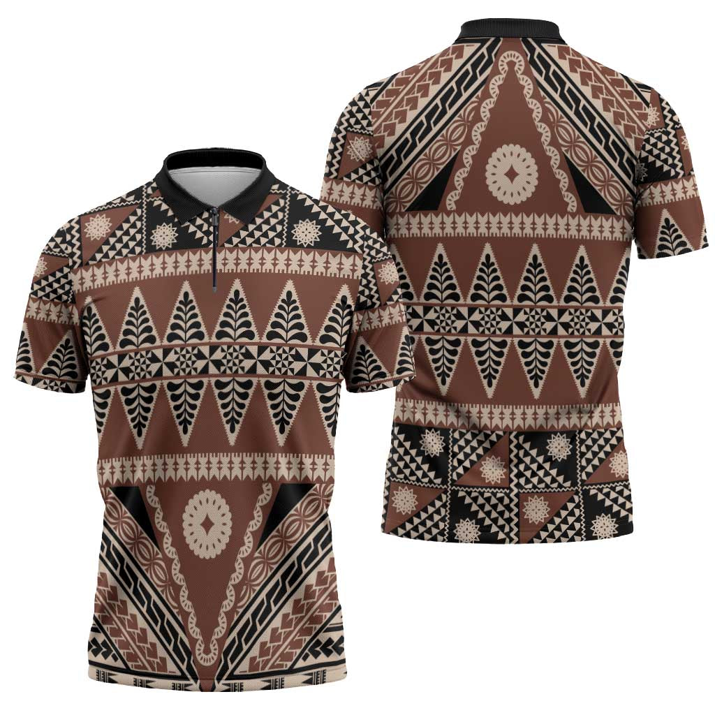Vintage Bula Fiji Zipper Polo Shirt Brown Tapa Masi Motif LT9 - Polynesian Pride