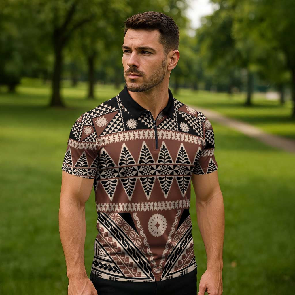 Vintage Bula Fiji Zipper Polo Shirt Brown Tapa Masi Motif LT9 - Polynesian Pride