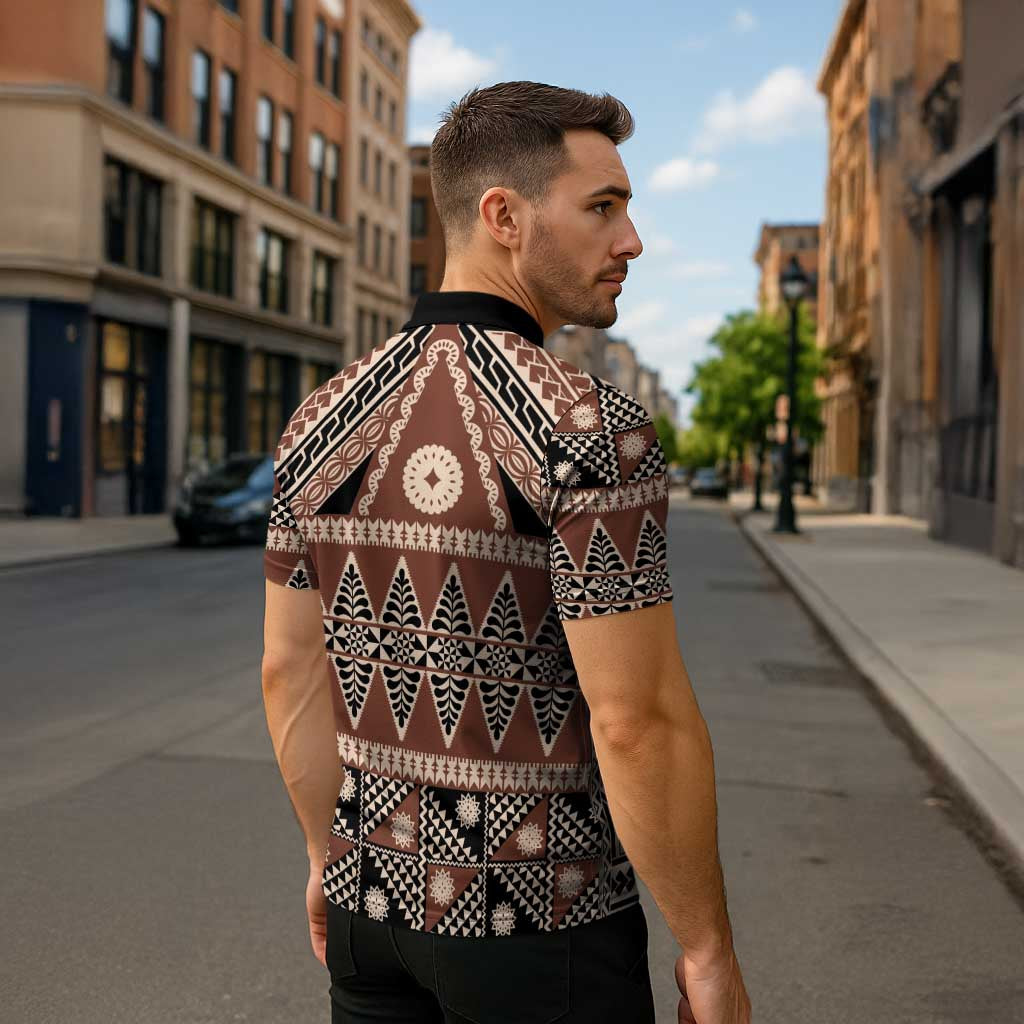 Vintage Bula Fiji Zipper Polo Shirt Brown Tapa Masi Motif LT9 - Polynesian Pride