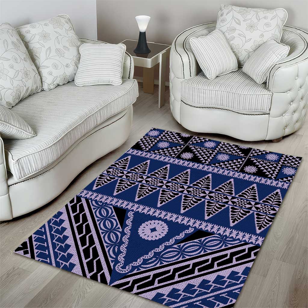 Vintage Bula Fiji Area Rug Prussian Blue Tapa Masi Motif