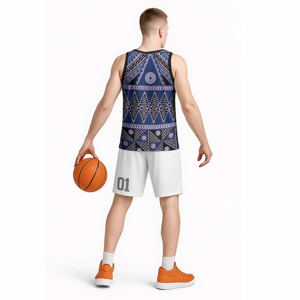 Vintage Bula Fiji Basketball Jersey Prussian Blue Tapa Masi Motif LT9 - Polynesian Pride