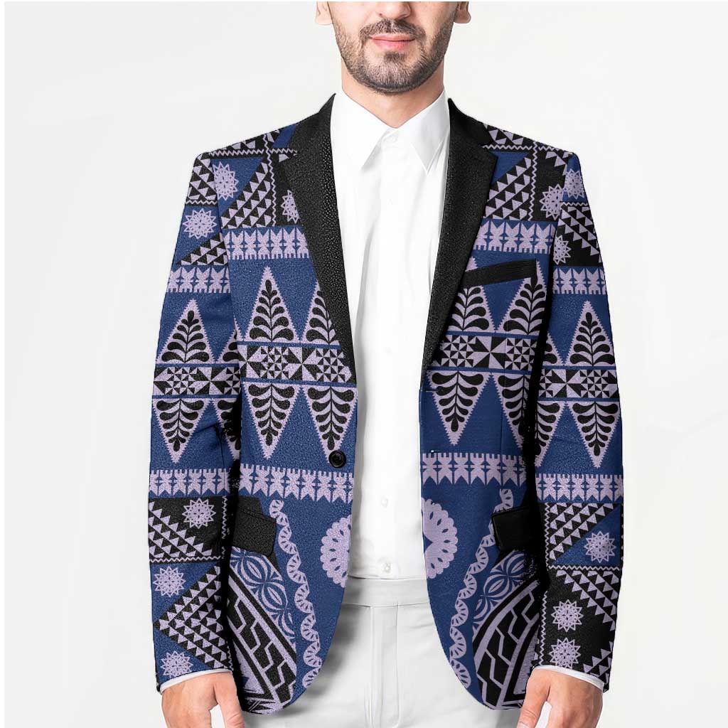 Vintage Bula Fiji Blazer Prussian Blue Tapa Masi Motif - Polynesian Pride