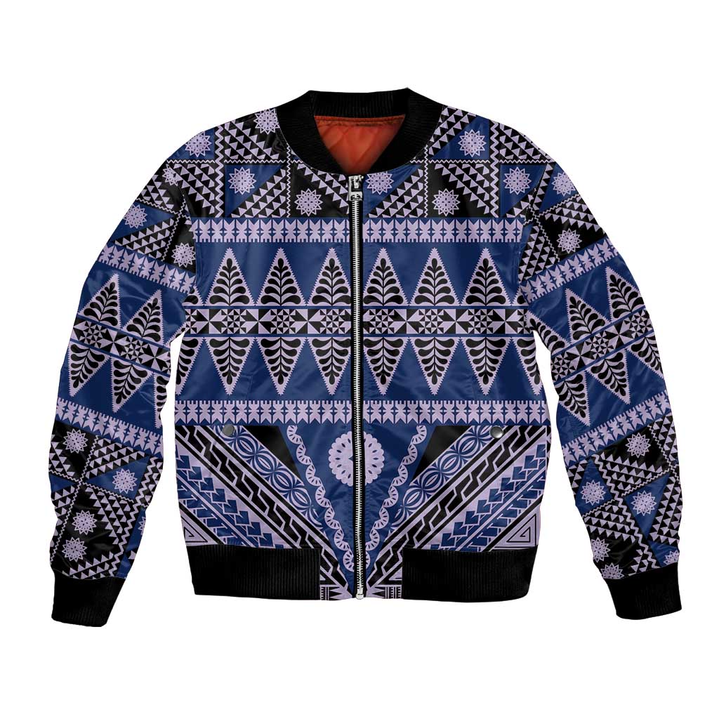 Vintage Bula Fiji Bomber Jacket Prussian Blue Tapa Masi Motif LT9 Unisex Blue - Polynesian Pride