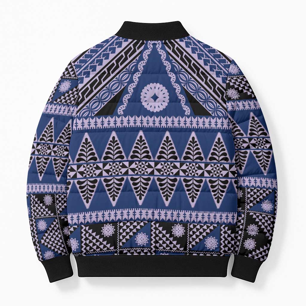Vintage Bula Fiji Bomber Puffer Jacket Prussian Blue Tapa Masi Motif LT9 - Polynesian Pride