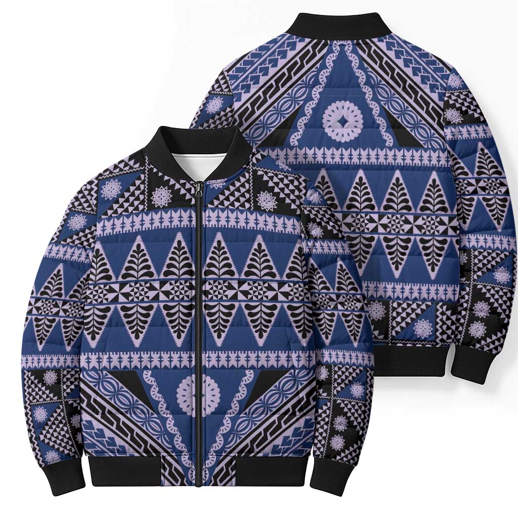 Vintage Bula Fiji Bomber Puffer Jacket Prussian Blue Tapa Masi Motif LT9 - Polynesian Pride