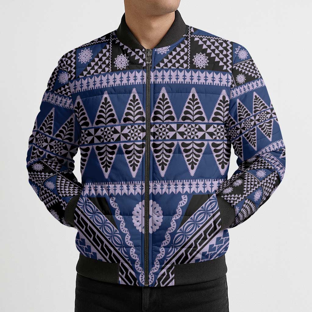Vintage Bula Fiji Bomber Puffer Jacket Prussian Blue Tapa Masi Motif LT9 - Polynesian Pride