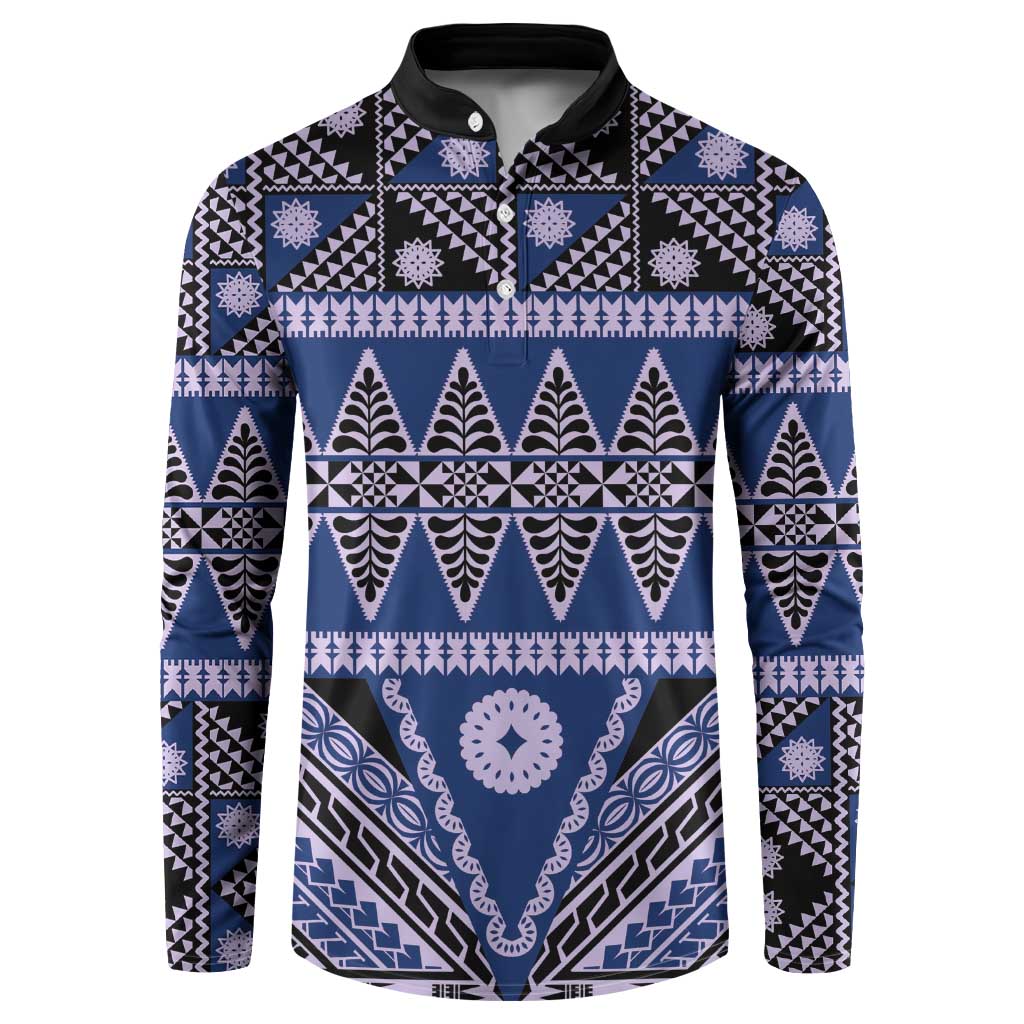 Vintage Bula Fiji Button Sweatshirt Prussian Blue Tapa Masi Motif