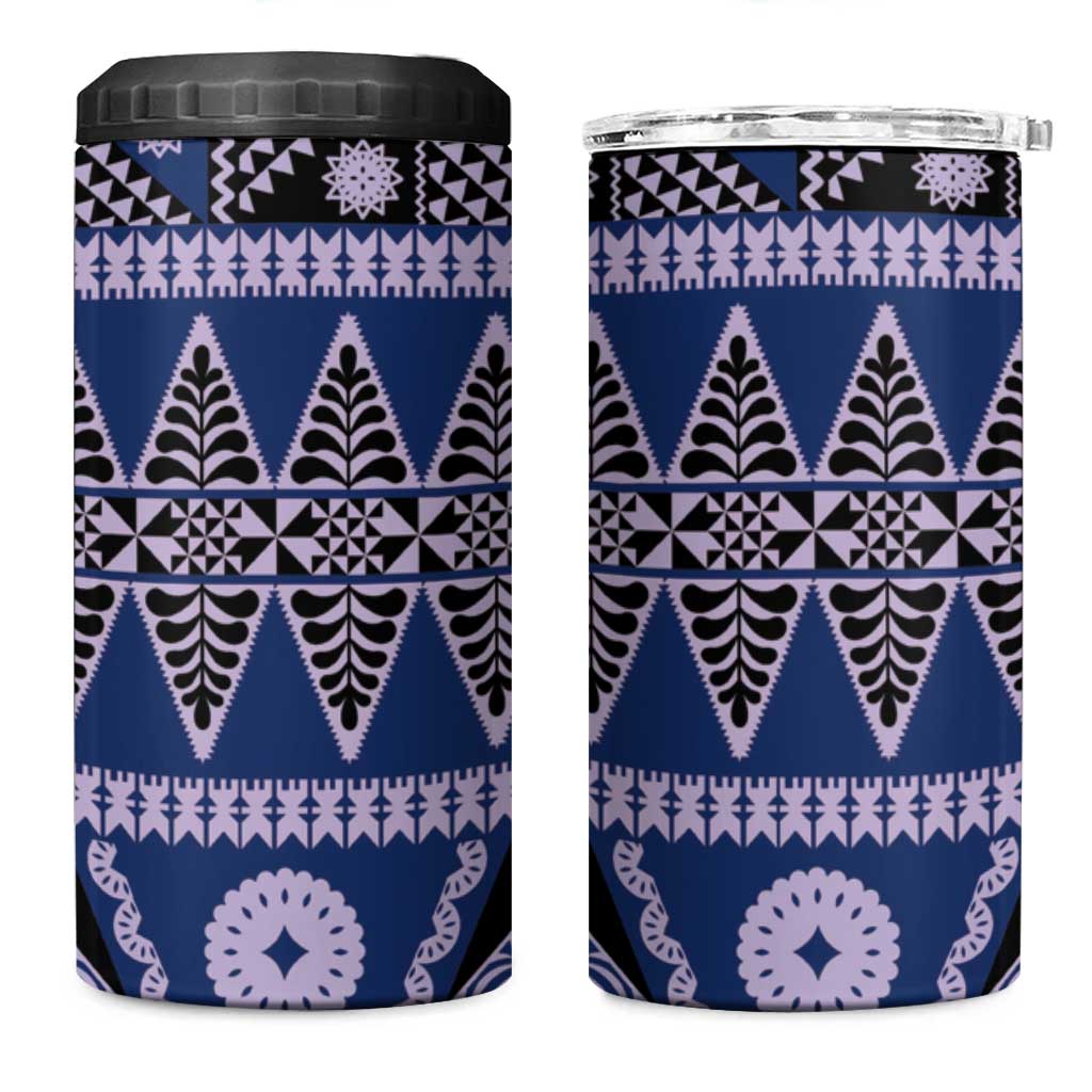 Vintage Bula Fiji 4 in 1 Can Cooler Tumbler Prussian Blue Tapa Masi Motif