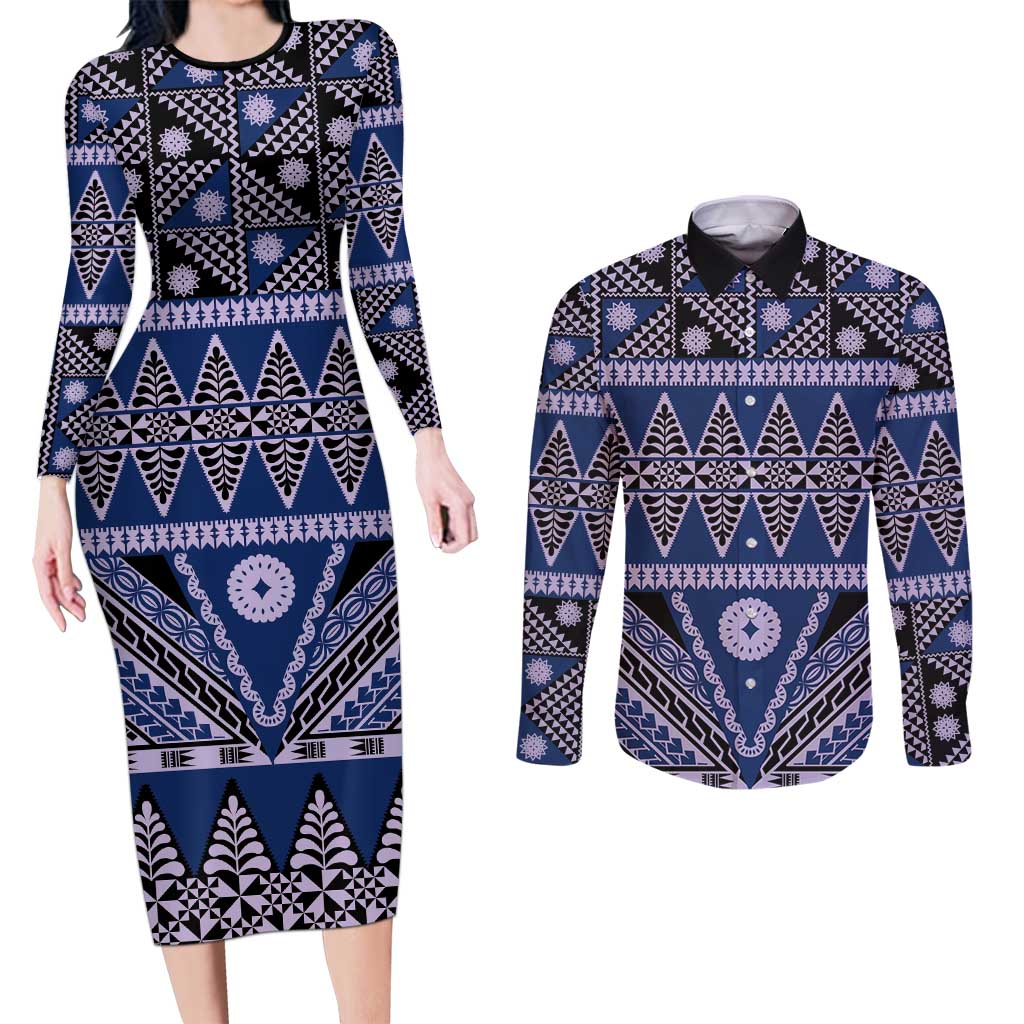 Vintage Bula Fiji Couples Matching Long Sleeve Bodycon Dress and Long Sleeve Button Shirt Prussian Blue Tapa Masi Motif