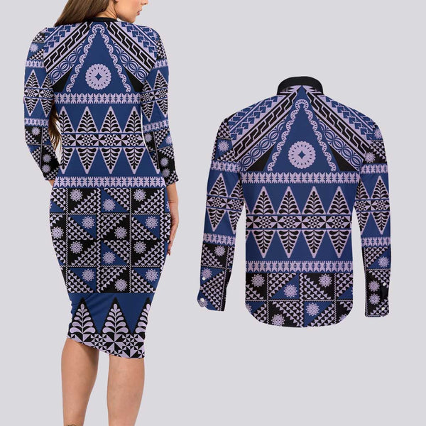 Custom Fiji Rugby Couples Matching Long Sleeve Bodycon Dress and Long Sleeve Button Shirts World Cup 2023 Go Champions Fijian Tapa Blue Version LT14