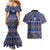 Vintage Bula Fiji Couples Matching Mermaid Dress and Hawaiian Shirt Prussian Blue Tapa Masi Motif