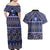 Vintage Bula Fiji Couples Matching Off Shoulder Maxi Dress and Hawaiian Shirt Prussian Blue Tapa Masi Motif