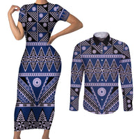 Vintage Bula Fiji Couples Matching Short Sleeve Bodycon Dress and Long Sleeve Button Shirt Prussian Blue Tapa Masi Motif